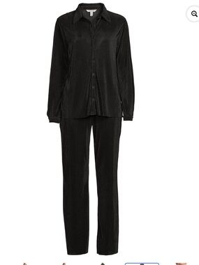 Nine Eight Plisse Pleat  Black Button-Up Top & Matching Pants